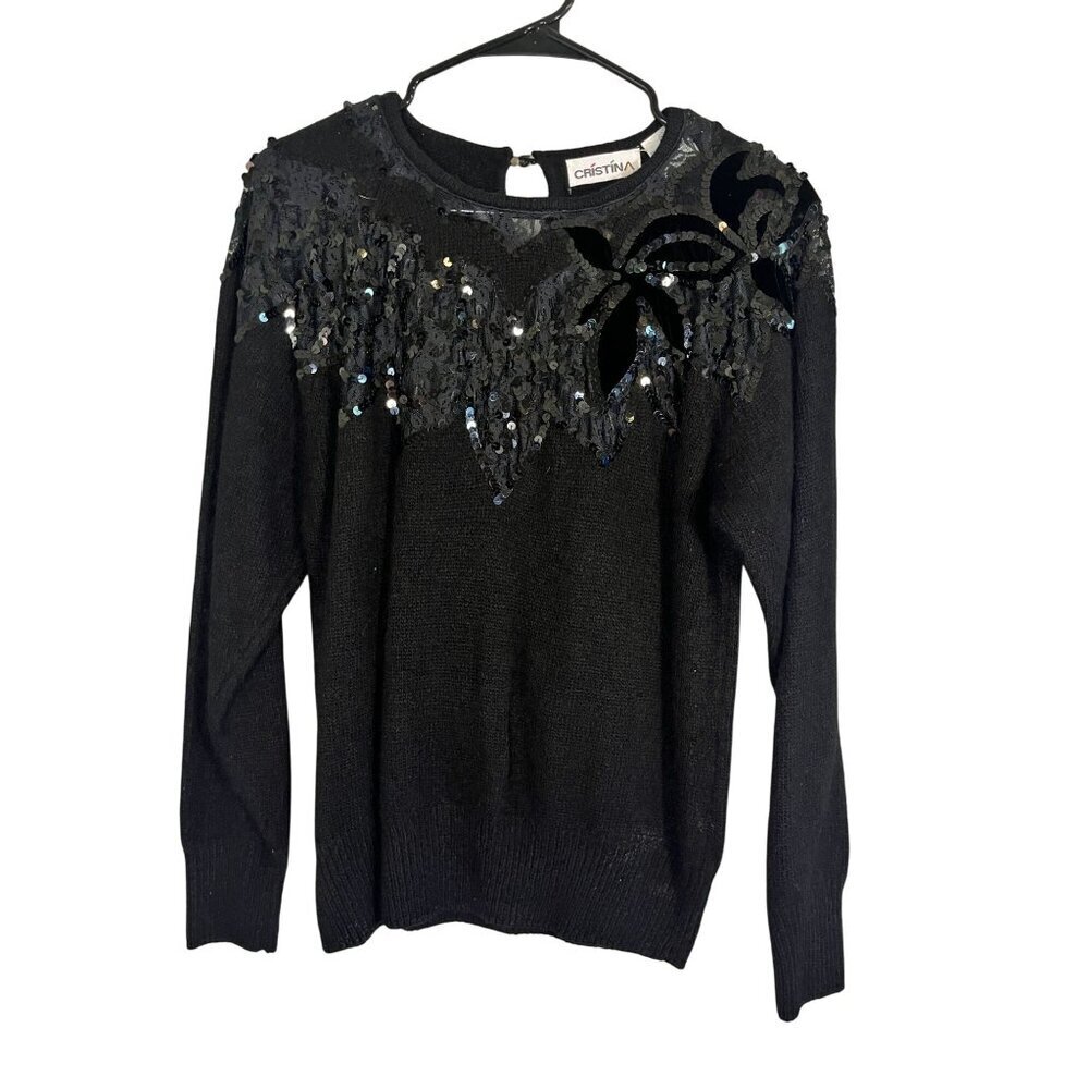 Retro Silk Floral Sequin Lambs‎ Wool Sweater M Black Classic Chic Preppy Neutral